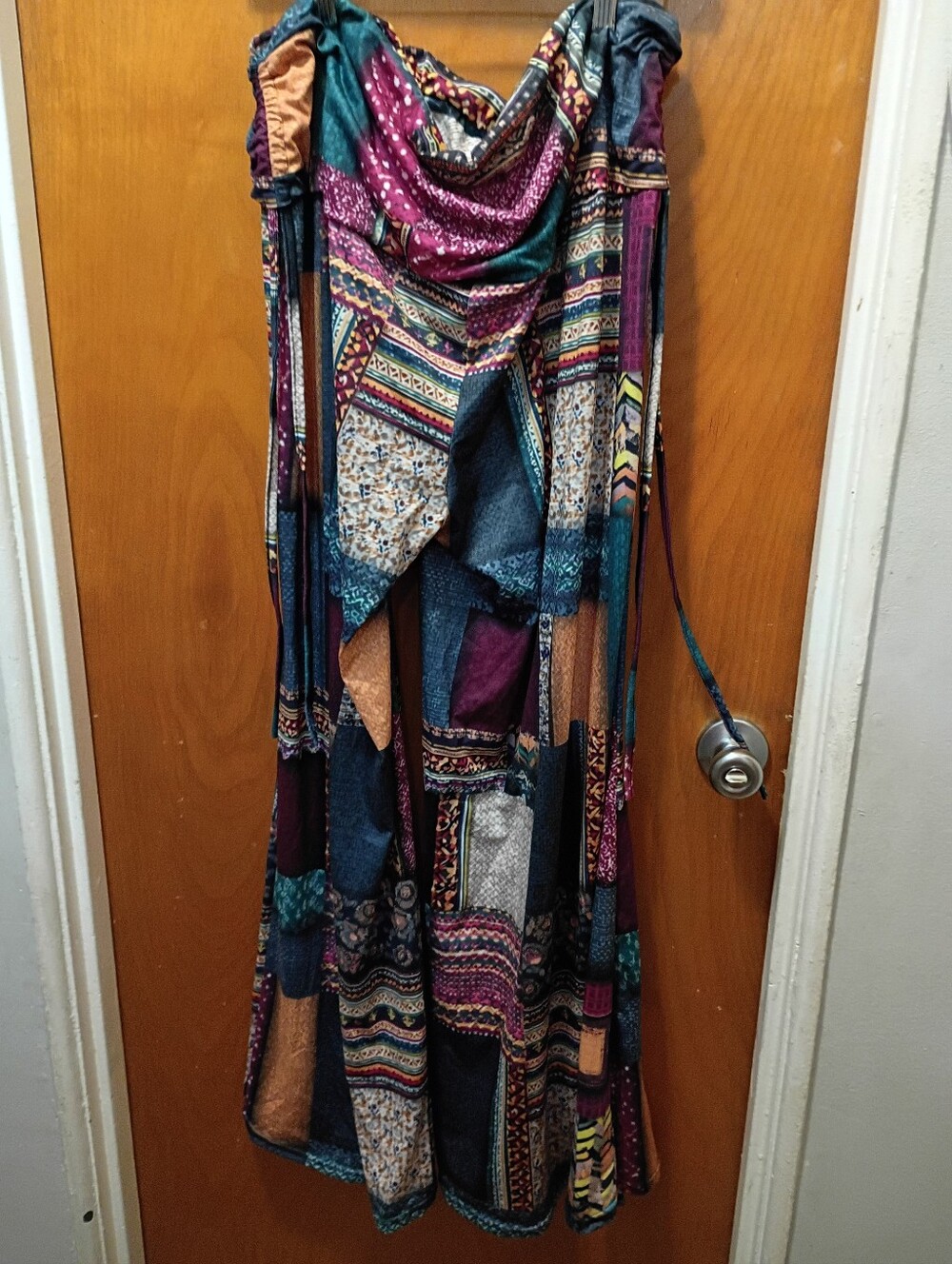 Boho Patchwork Maxi Bell Bottem Pantsin Teal, Purple & Mustard
